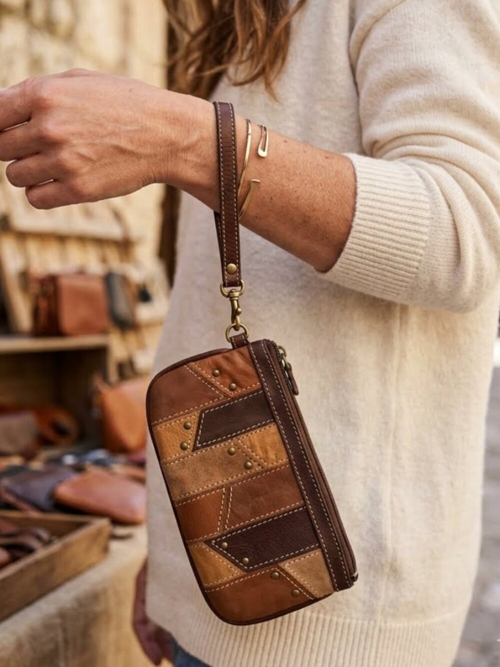 Fossil Patchwork Small Wristlet Brown Pouch Leather Zipper Wallet